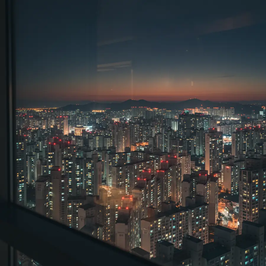 높은 층 유리창 너머로 보이는 도시의 밤 불빛