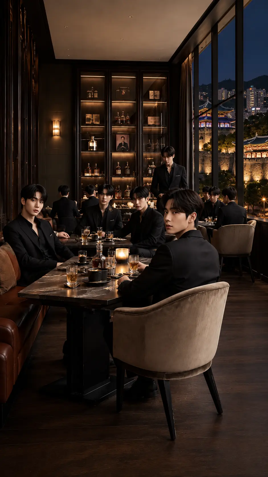 동래 호스트바 라운지와 창밖 성곽 조명