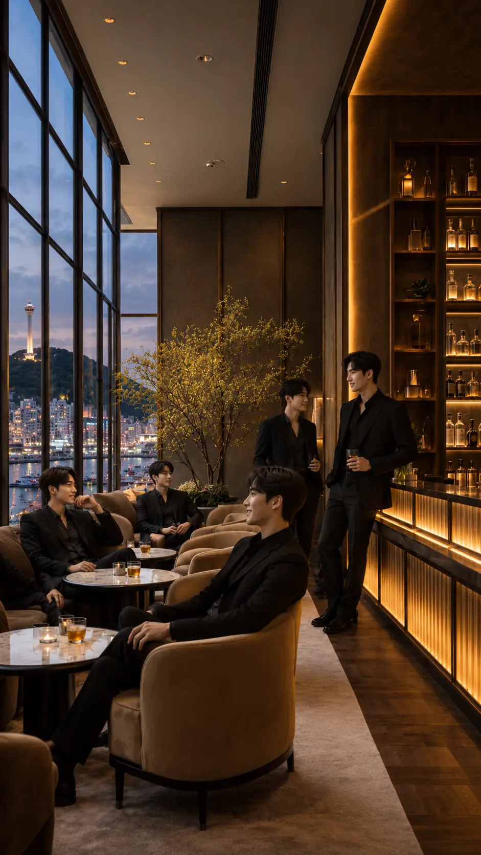 남포동 호스트바 라운지와 창밖 타워 불빛